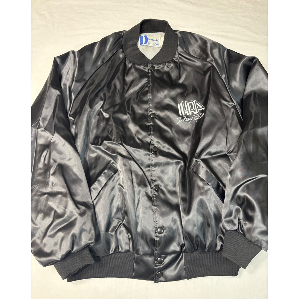 Vintage Dunbrooke IHRA Drag Racing Night Runner Satin Bomber Jacket Black 2XL